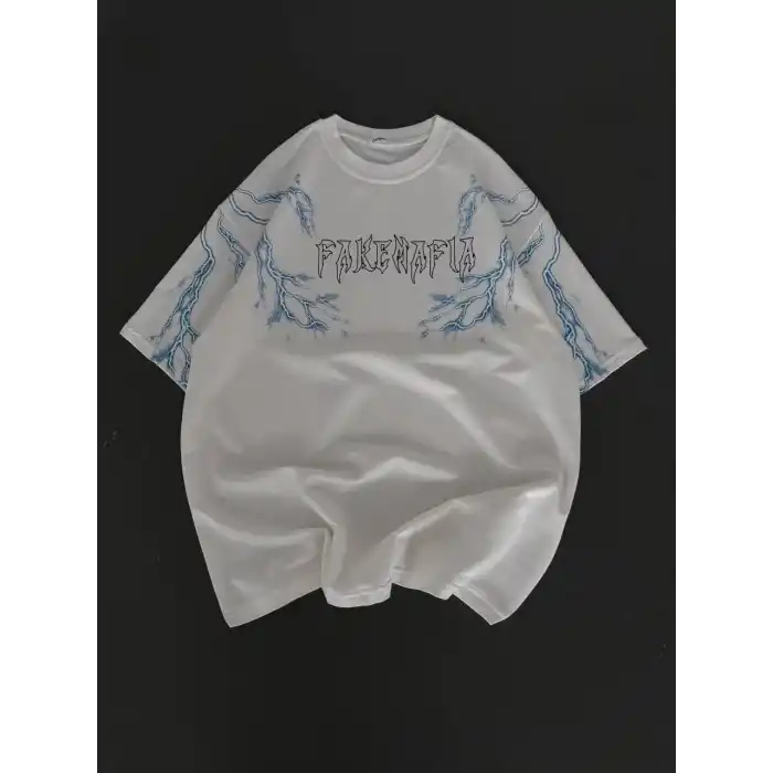 Unisex Bisiklet Yaka Baskılı Oversize T-Shirt - Beyaz