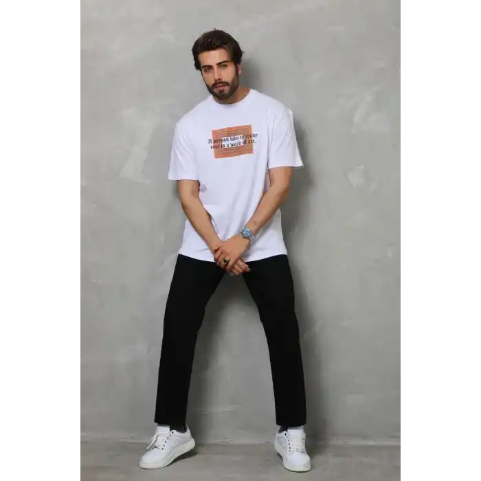 Unisex Bisiklet Yaka Baskılı Oversize T-Shirt - Beyaz