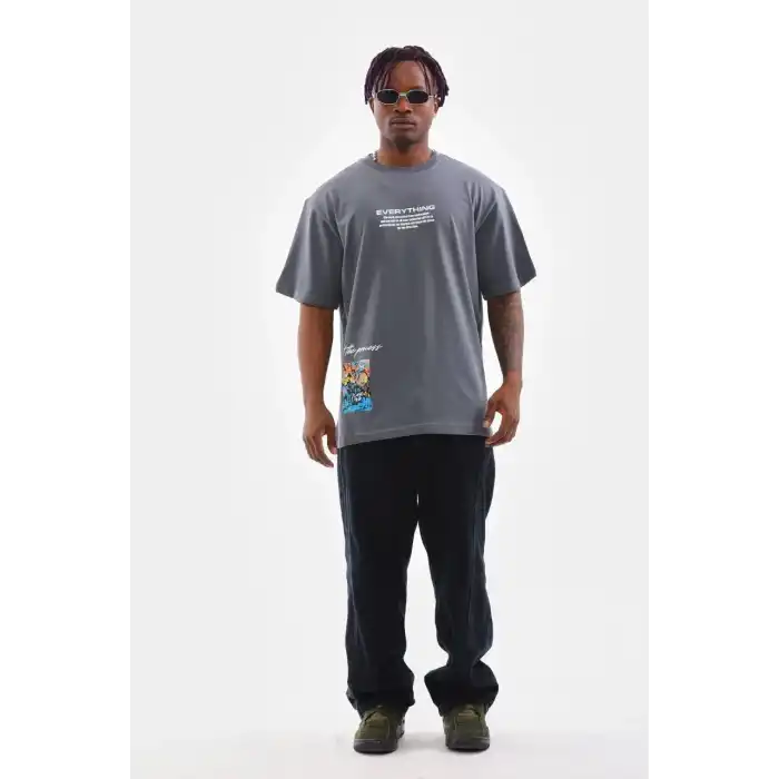 Unisex Bisiklet Yaka Baskılı Oversize T-Shirt - Gri