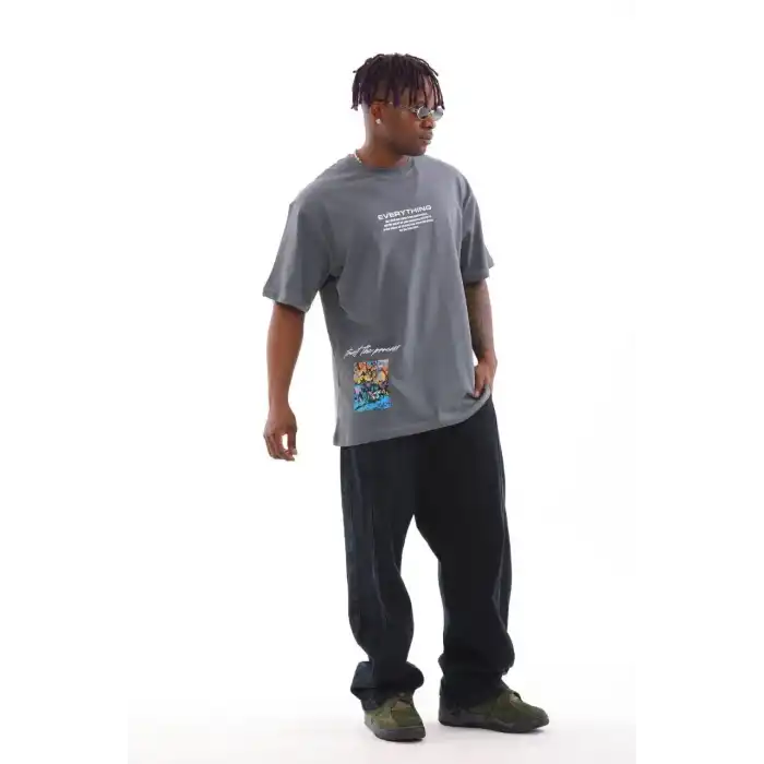 Unisex Bisiklet Yaka Baskılı Oversize T-Shirt - Gri