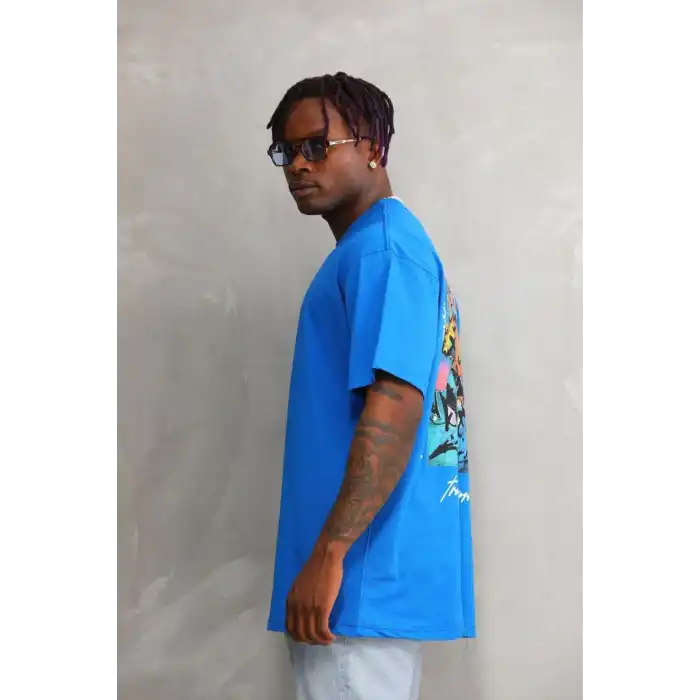 Unisex Bisiklet Yaka Baskılı Oversize T-Shirt - Mavi