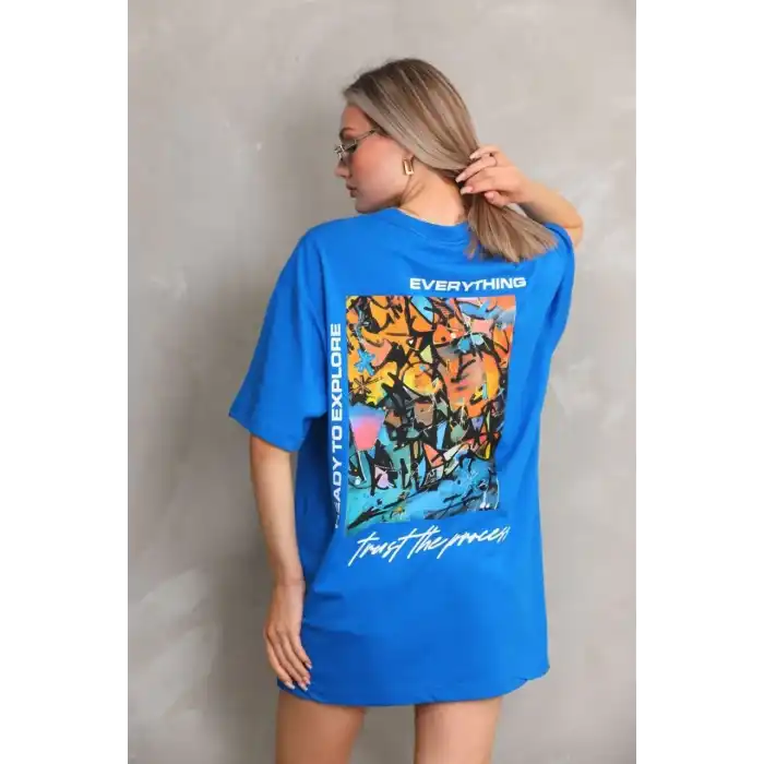 Unisex Bisiklet Yaka Baskılı Oversize T-Shirt - Mavi