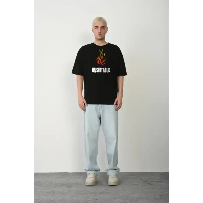 Unisex Bisiklet Yaka Baskılı Oversize T-Shirt - Siyah