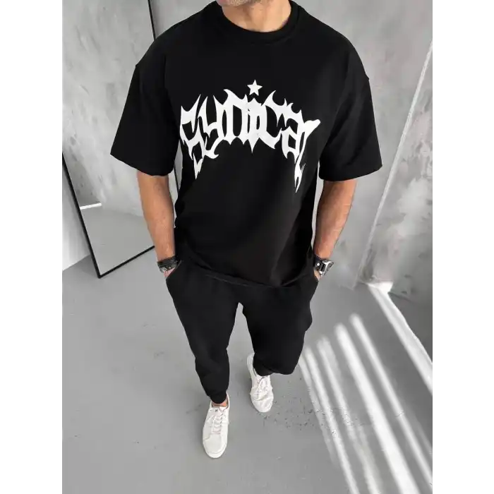 Unisex Bisiklet Yaka Baskılı Oversize T-Shirt - Siyah