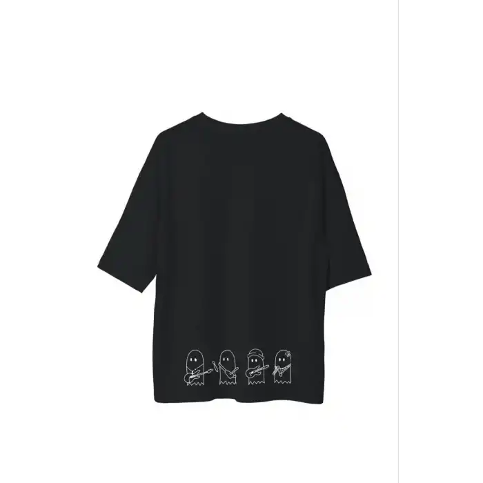 Unisex Bisiklet Yaka Baskılı Oversize T-Shirt - Siyah