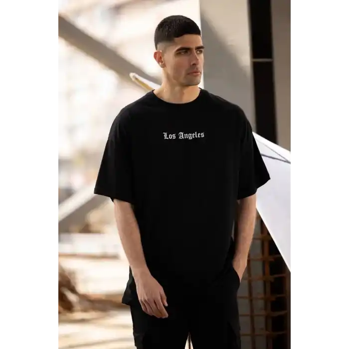 Unisex Bisiklet Yaka Baskılı Oversize T-Shirt - Siyah