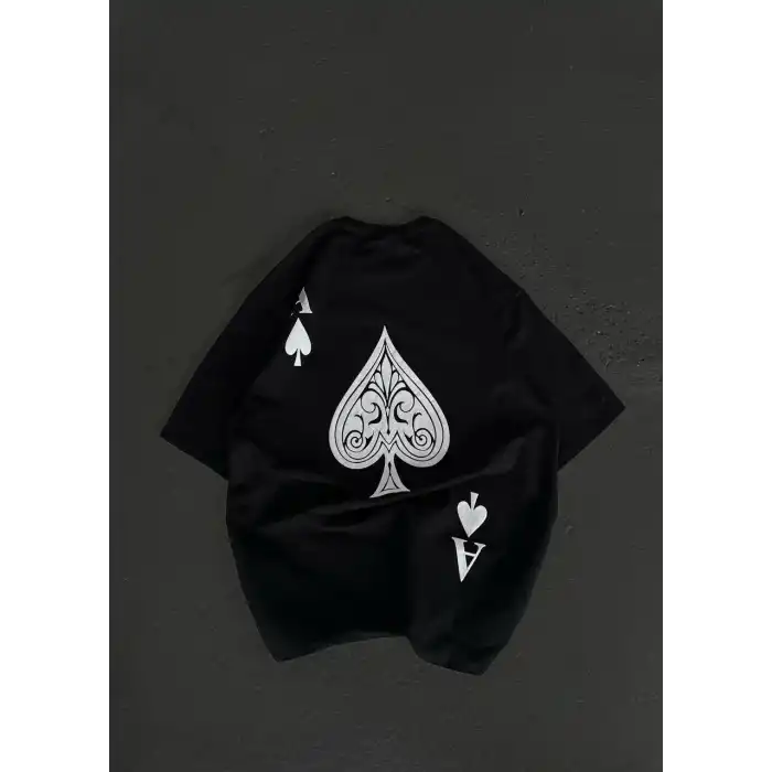 Unisex Bisiklet Yaka Baskılı Oversize T-Shirt - Siyah