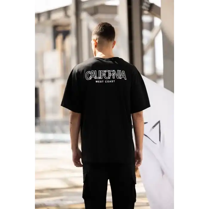 Unisex Bisiklet Yaka Baskılı Oversize T-Shirt - Siyah