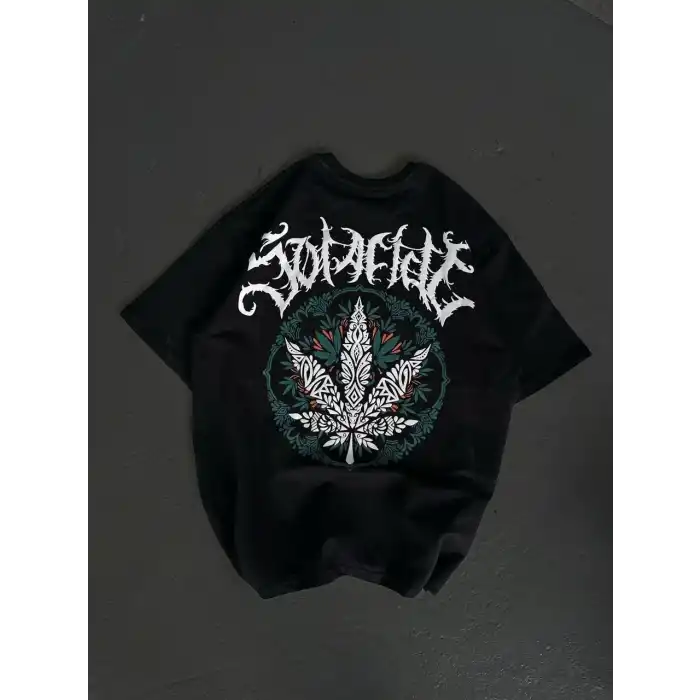 Unisex Bisiklet Yaka Baskılı Oversize T-Shirt - Siyah