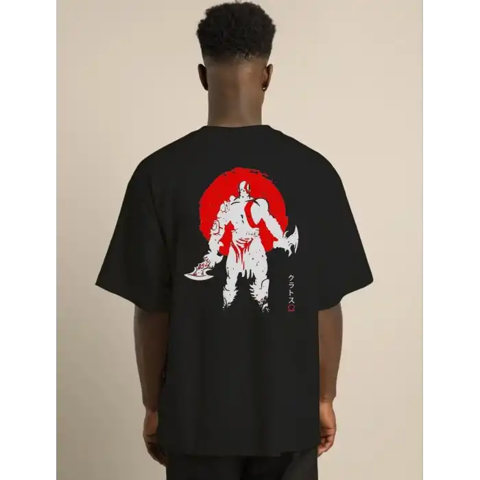 Unisex Bisiklet Yaka Baskılı Oversize T-Shirt - Siyah