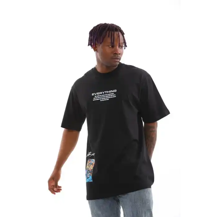 Unisex Bisiklet Yaka Baskılı Oversize T-Shirt - Siyah