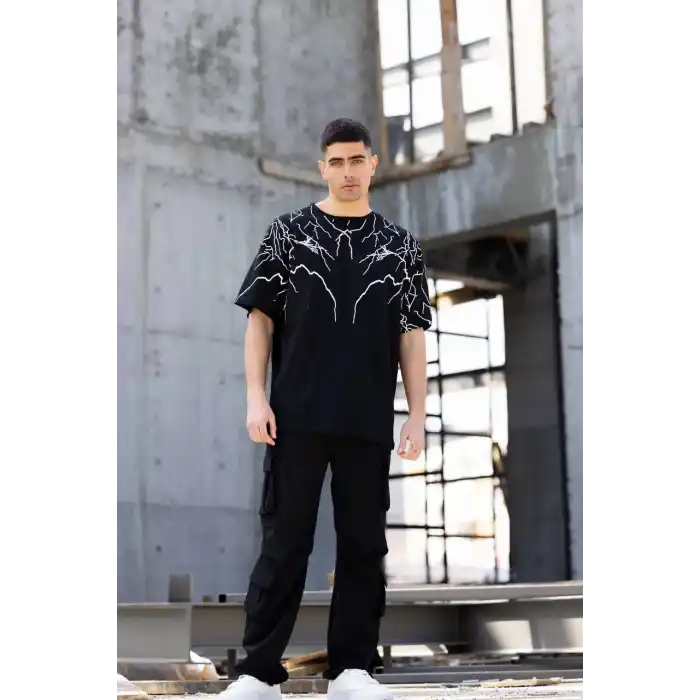 Unisex Bisiklet Yaka Baskılı Oversize T-Shirt - Siyah