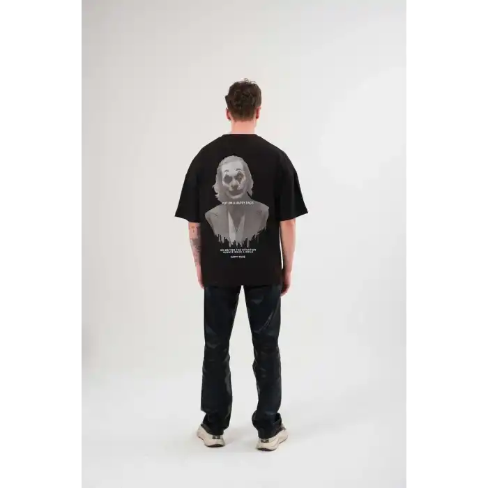 Unisex Bisiklet Yaka Baskılı Oversize T-Shirt - Siyah
