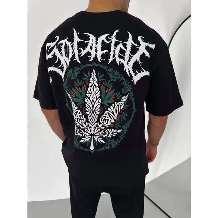 Unisex Bisiklet Yaka Baskılı Oversize T-Shirt - Siyah