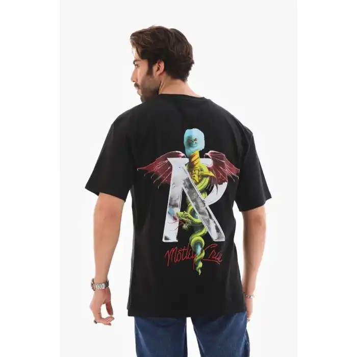 Unisex Bisiklet Yaka Baskılı Oversize T-Shirt - Siyah