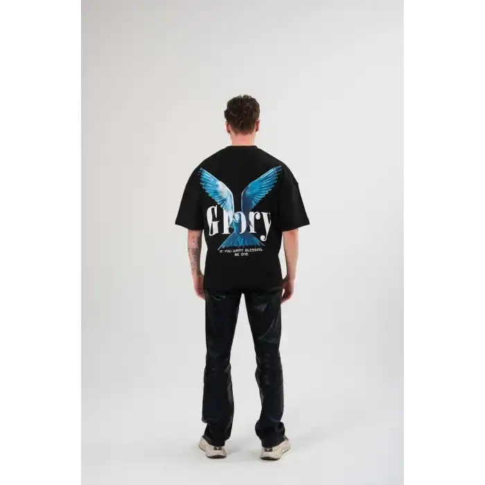 Unisex Bisiklet Yaka Baskılı Oversize T-Shirt - Siyah