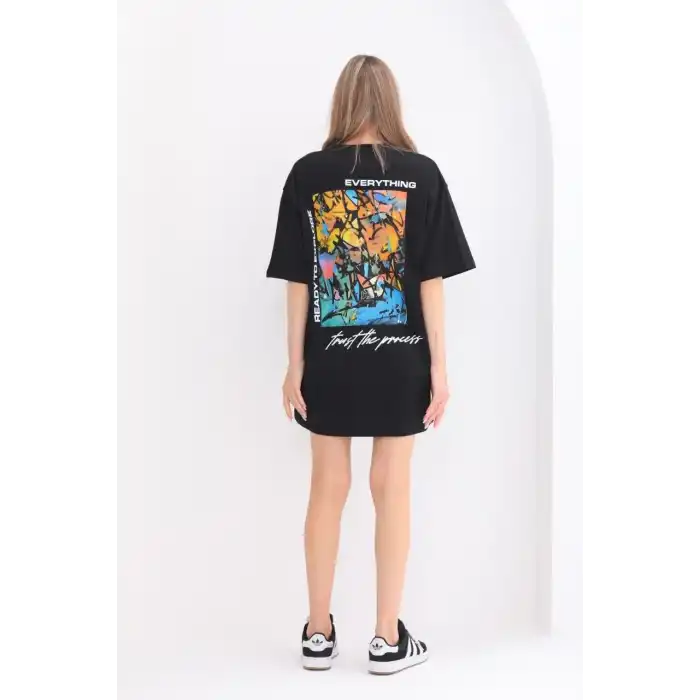 Unisex Bisiklet Yaka Baskılı Oversize T-Shirt - Siyah