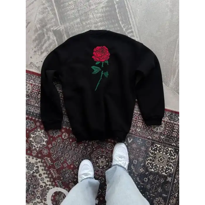 Unisex Bisiklet Yaka Ön Ve Arka Baskılı SweatShirt - Siyah