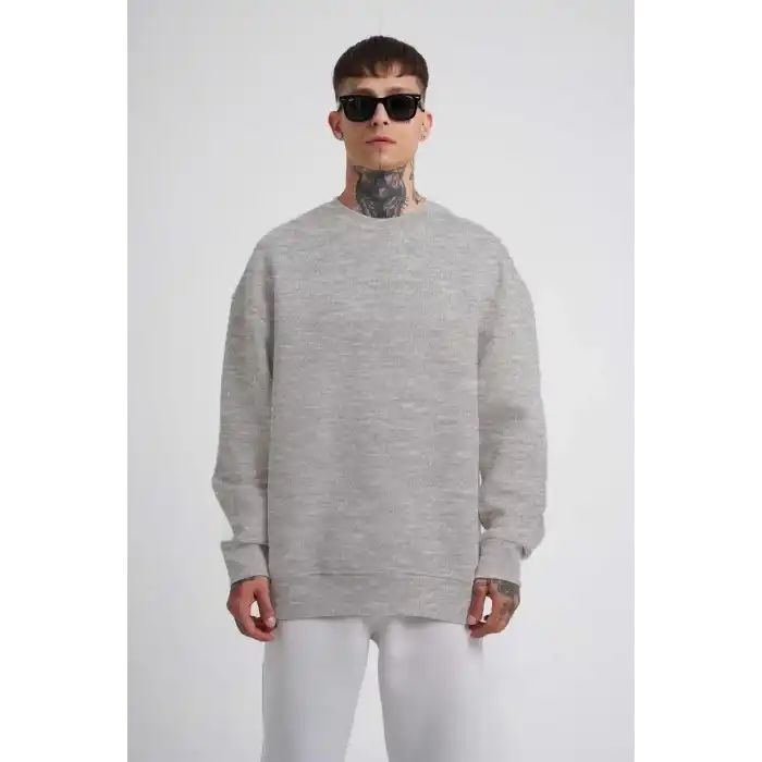 Unisex Biskilet Yaka Üç İplik SweatShirt - Gri