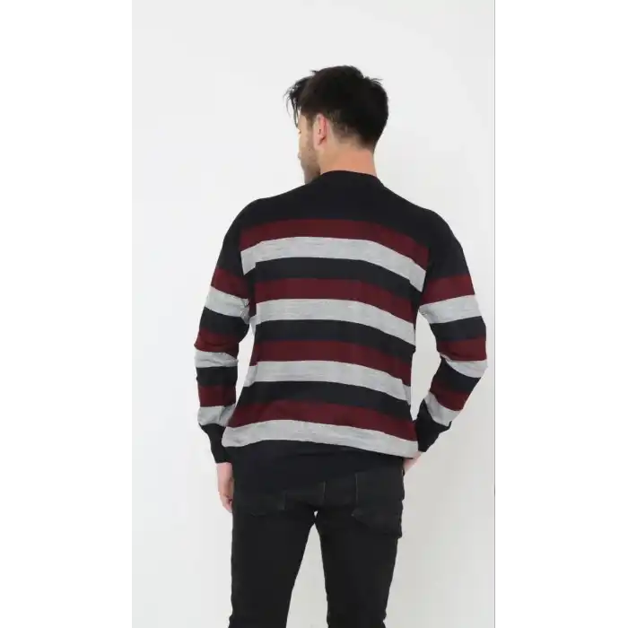 Unisex Kalın Çizgili Bisiklet Yaka Triko Kazak - Gri