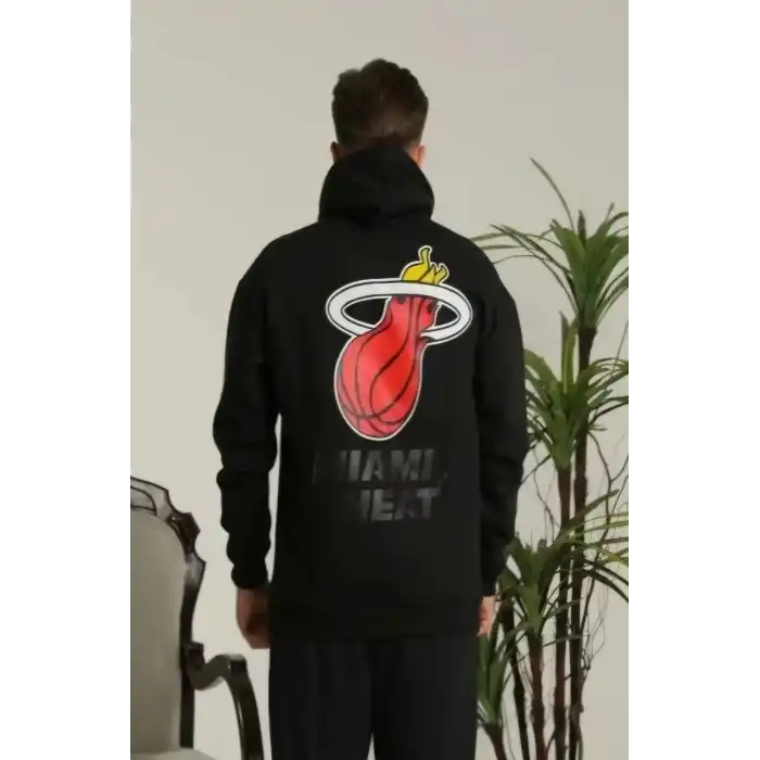 Unisex Kapşonlu Baskılı Sweetshirt - Siyah