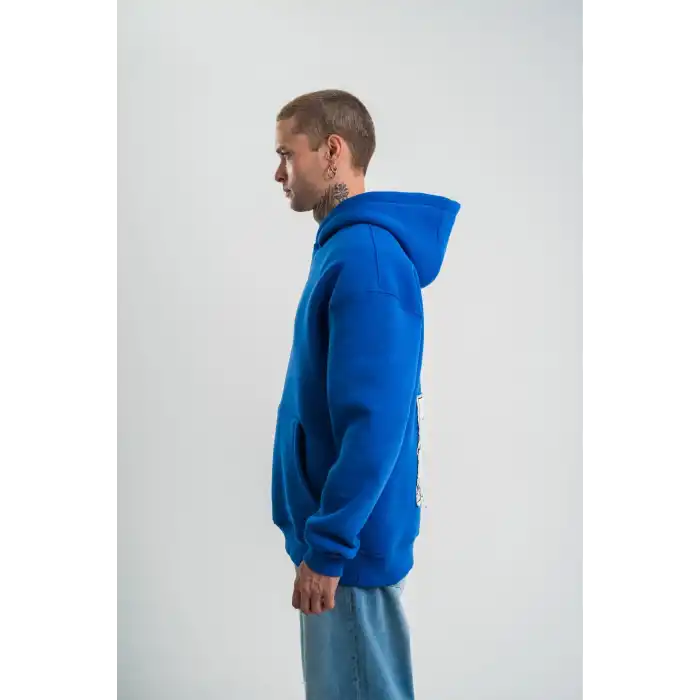 Unisex Kapşonlu Uzun Kol Patchli Nakışlı SweatShirt - Mavi