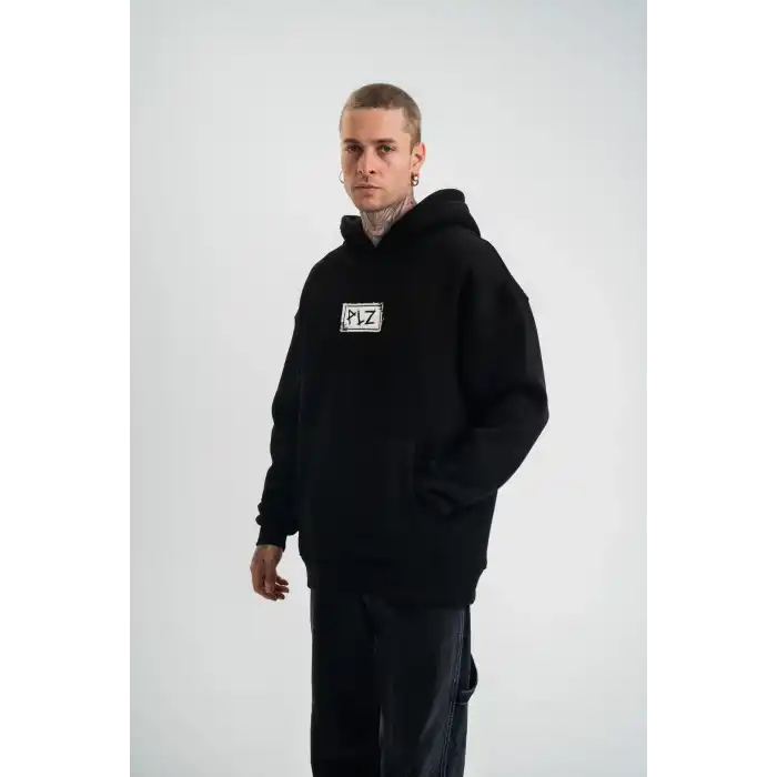 Unisex Kapşonlu Uzun Kol Patchli Nakışlı SweatShirt - Siyah