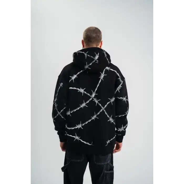 Unisex Kapşonlu Varak ve Pano Baskılı SweatShirt- Siyah