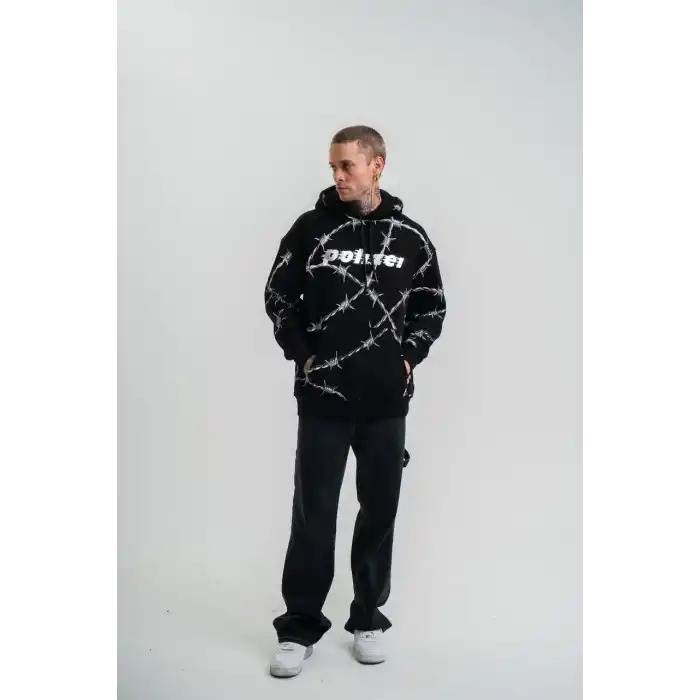 Unisex Kapşonlu Varak ve Pano Baskılı SweatShirt- Siyah