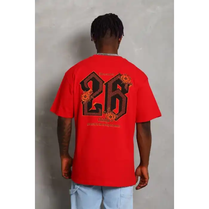 Unisex Oversize Baskılı Bisiklet Yaka T-Shirt - Kırmızı