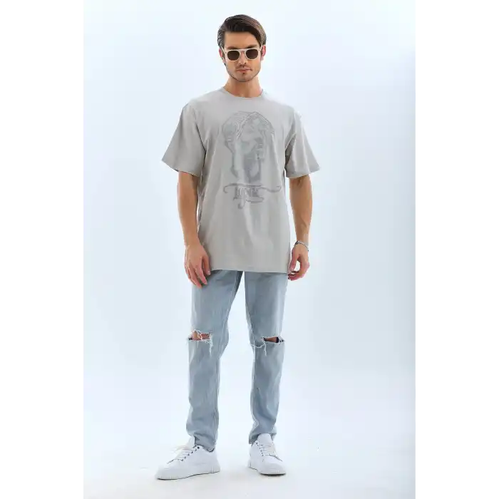 Unisex Oversize Taşlı Bisiklet Yaka T-Shirt - Gri