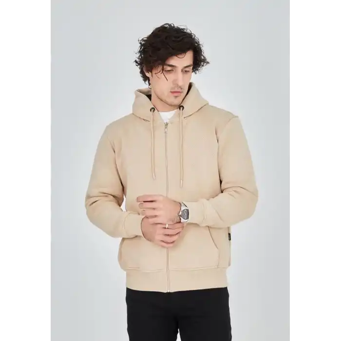 Unisex Tam Fermuarlı Kapşonlu  SweatShirt - Bej