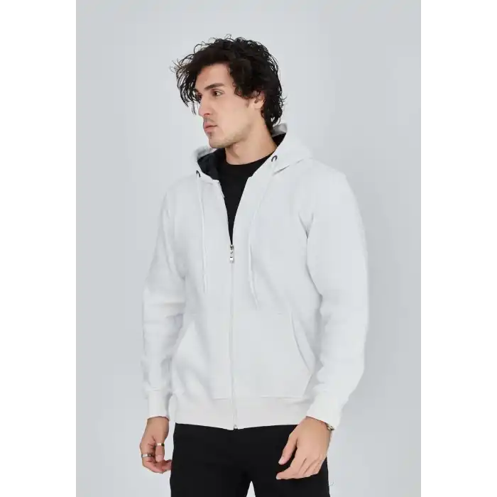 Unisex Tam Fermuarlı Kapşonlu  SweatShirt - Beyaz