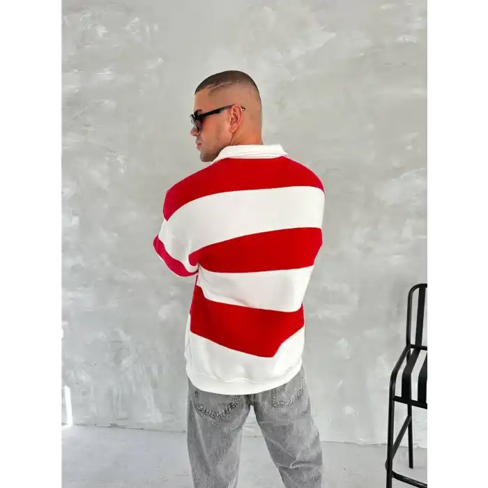 Unisex Üç İplik Parçalı Yakalı SweatShirt - Kırmızı