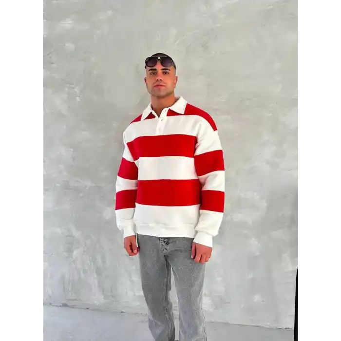 Unisex Üç İplik Parçalı Yakalı SweatShirt - Kırmızı