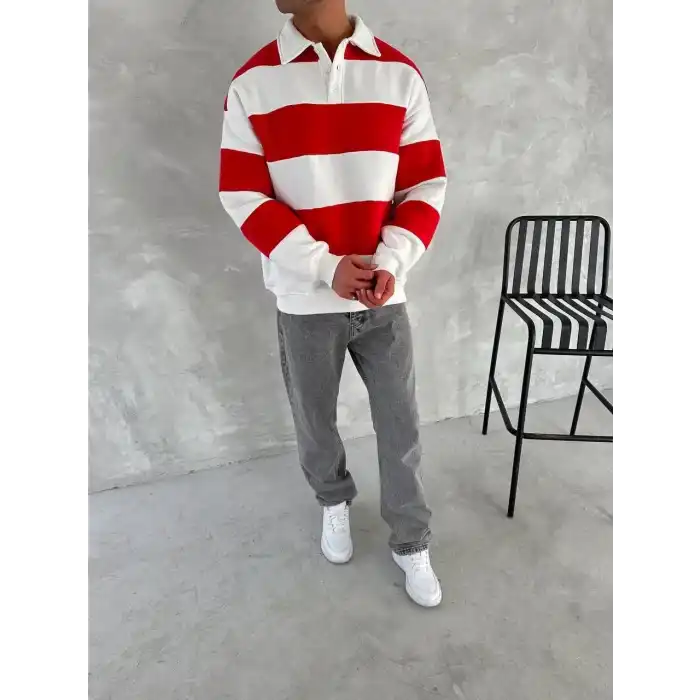 Unisex Üç İplik Parçalı Yakalı SweatShirt - Kırmızı