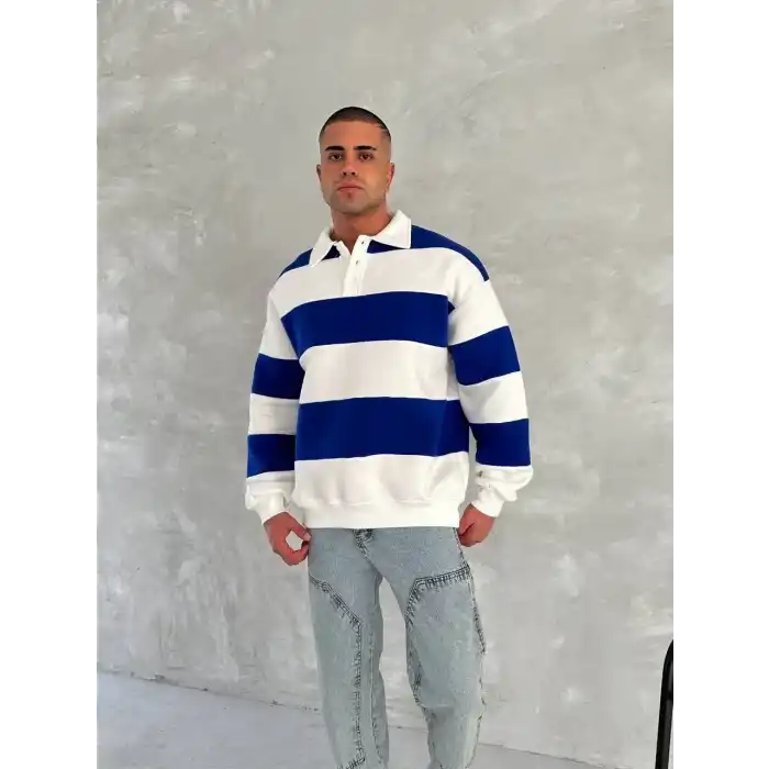 Unisex Üç İplik Parçalı Yakalı SweatShirt - Mavi