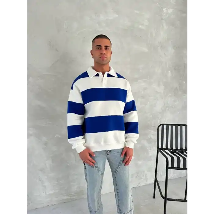 Unisex Üç İplik Parçalı Yakalı SweatShirt - Mavi