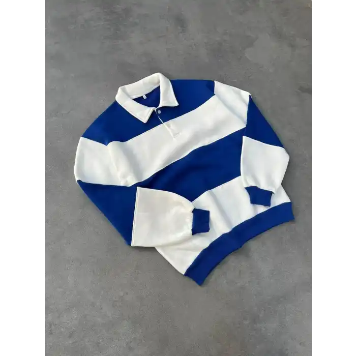 Unisex Üç İplik Parçalı Yakalı SweatShirt - Mavi