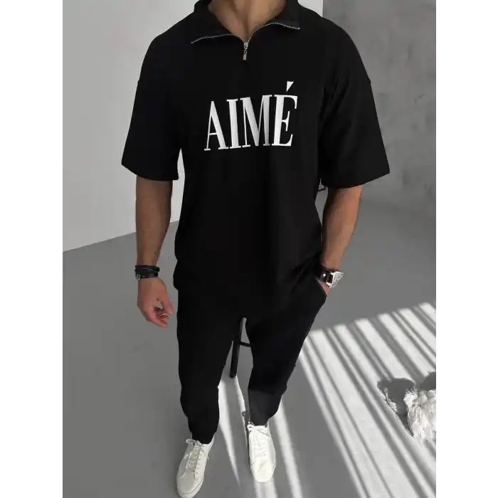 Unisex Yarım Fermuarlı Baskılı T-Shirt - Siyah