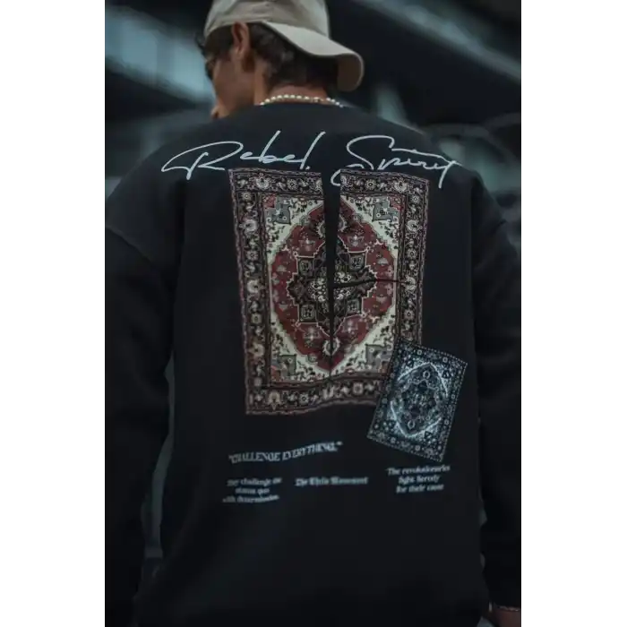 Uzun Kol Bisiklet Yaka Baskılı SweatShirt - Siyah