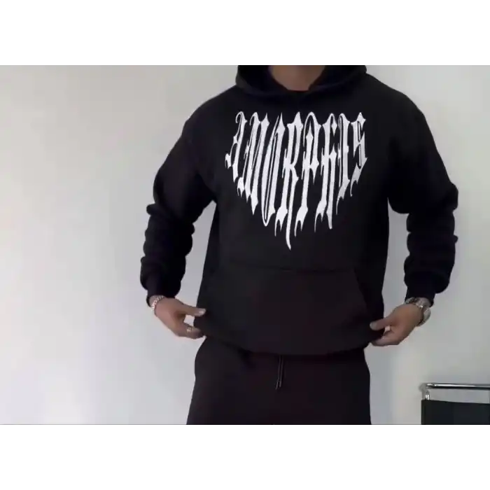 Uzun Kol Kapüşonlu Baskılı SweatShirt - Siyah