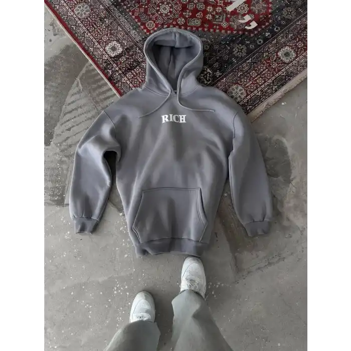 Uzun Kol Kapüşonlu Göğüs Baskılı SweatShirt - Gri