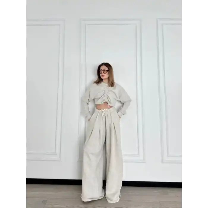Uzun Kollu Önü İp Büzgülü Crop ve Pantolon İkili Takım - Gri