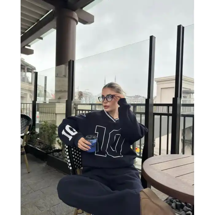 V Yaka Üç İplik Sweat Takım - Siyah