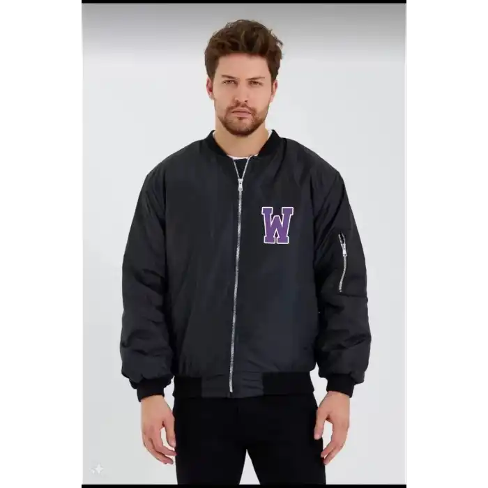 Wild One Baskılı Erkek Bomber Mont – Panter Desenli, Fermuarlı, Kapitone Astarlı Ceket - Siyah