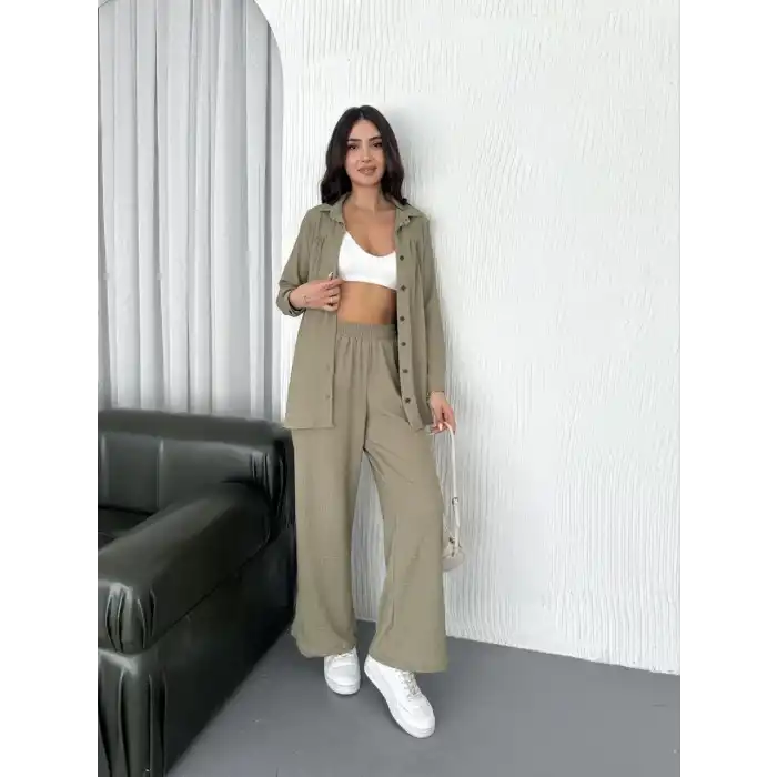 Yakalı Düğmeli Uzun Kollu Gömlek Pantolon ikili Takım - Bej