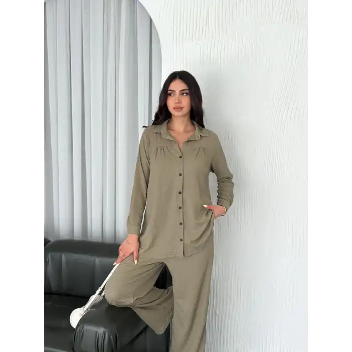 Yakalı Düğmeli Uzun Kollu Gömlek Pantolon ikili Takım - Bej