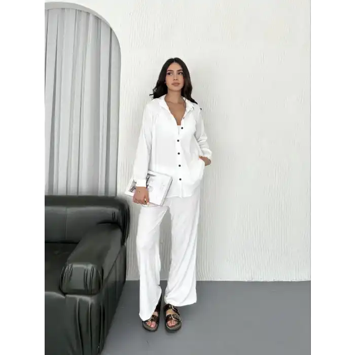 Yakalı Düğmeli Uzun Kollu Gömlek Pantolon ikili Takım - Beyaz
