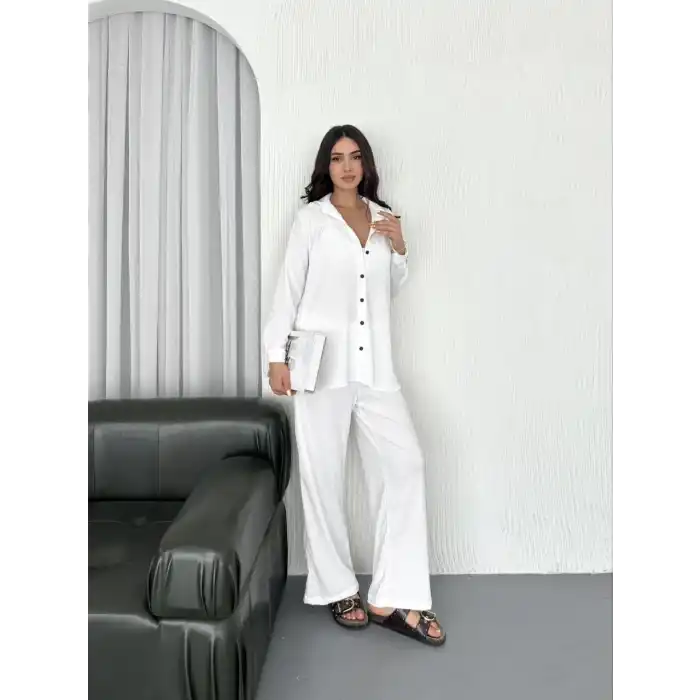 Yakalı Düğmeli Uzun Kollu Gömlek Pantolon ikili Takım - Beyaz